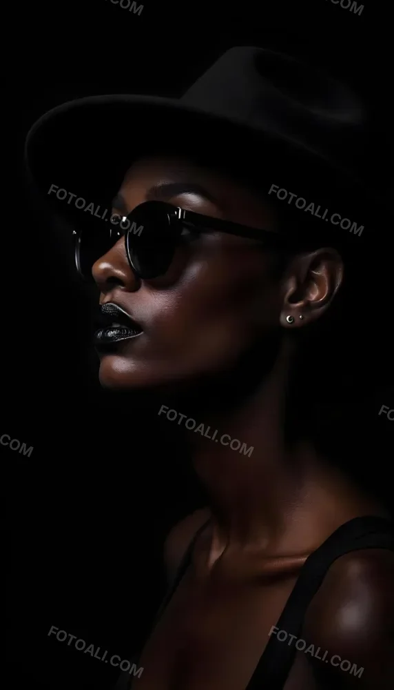 A Black Woman Age 25 With Dark Skin Wearing A Black Hat And Black Sunglasses Black Lips In A Black Background 31 C89c