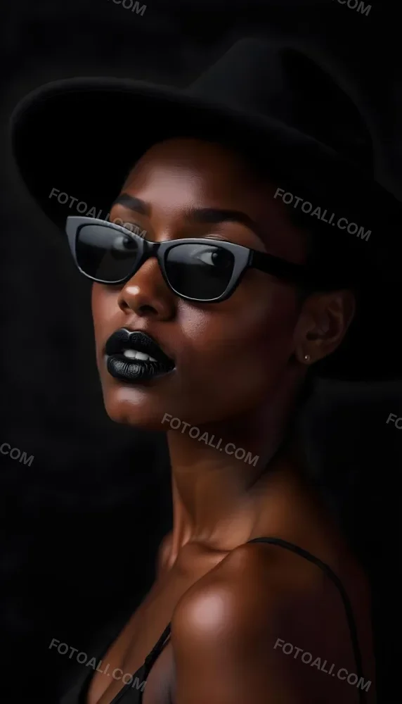 A Black Woman Age 25 With Dark Skin Wearing A Black Hat And Black Sunglasses Black Lips In A Black Background 33 5faf