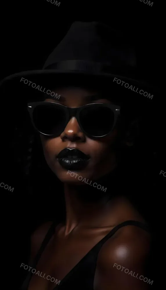 A Black Woman Age 25 With Dark Skin Wearing A Black Hat And Black Sunglasses Black Lips In A Black Background 34 603c