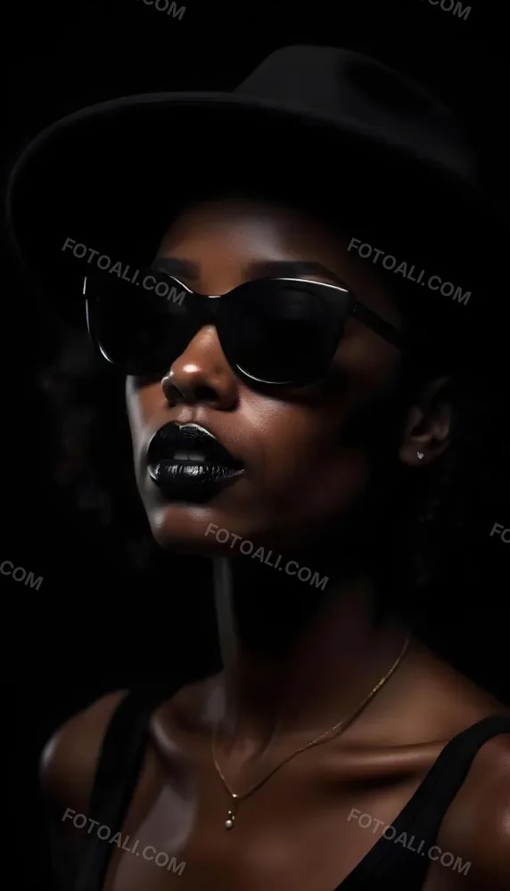 A Black Woman Age 25 With Dark Skin Wearing A Black Hat And Black Sunglasses Black Lips In A Black Background 35 D23d