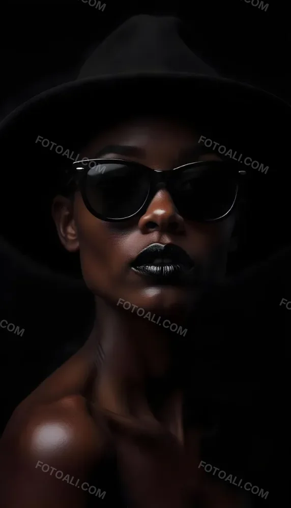 A Black Woman Age 25 With Dark Skin Wearing A Black Hat And Black Sunglasses Black Lips In A Black Background 37 D81e