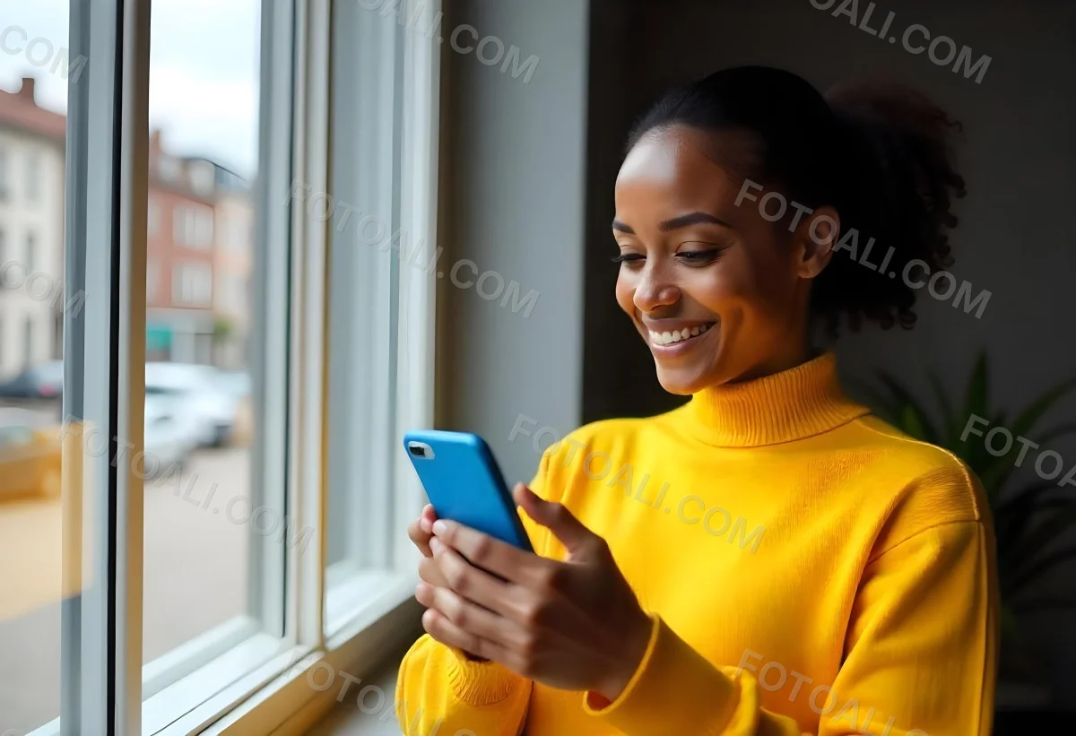 A Black Woman With Dark Skin Around 30 Years Old Wearing A Yellow Sweater And Holding A Blue Smartphone In Front Of A Window 17 8ef1