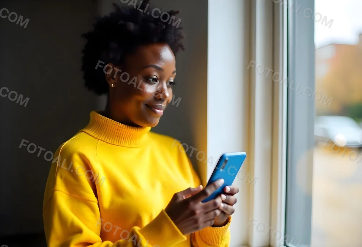 A Black Woman With Dark Skin Around 30 Years Old Wearing A Yellow Sweater And Holding A Blue Smartphone In Front Of A Window 19 87cd