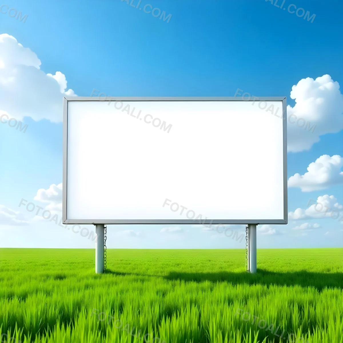 A Blank Billboard In A Green Field With A Blue Sky And White Clouds The Billboard Is White And Rectangular The Field Is Green And Grassy 13 B5eb