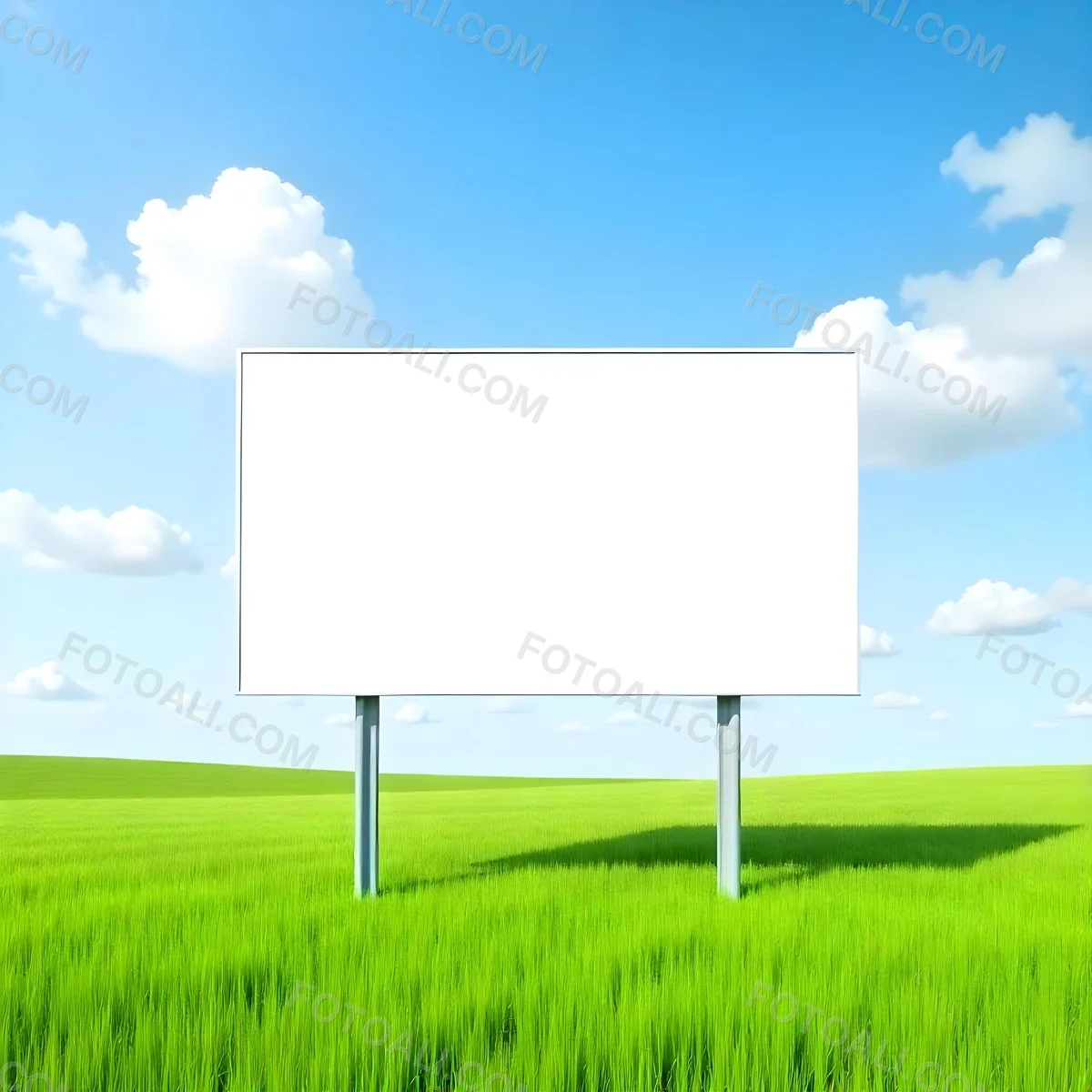 A Blank Billboard In A Green Field With A Blue Sky And White Clouds The Billboard Is White And Rectangular The Field Is Green And Grassy 4 Ba5b