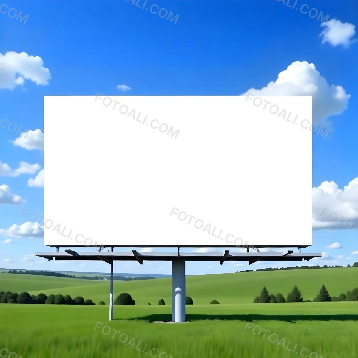 A Blank Billboard In A Green Field With A Blue Sky And White Clouds The Billboard Is White And Rectangular The Field Is Green And Grassy 5 E553