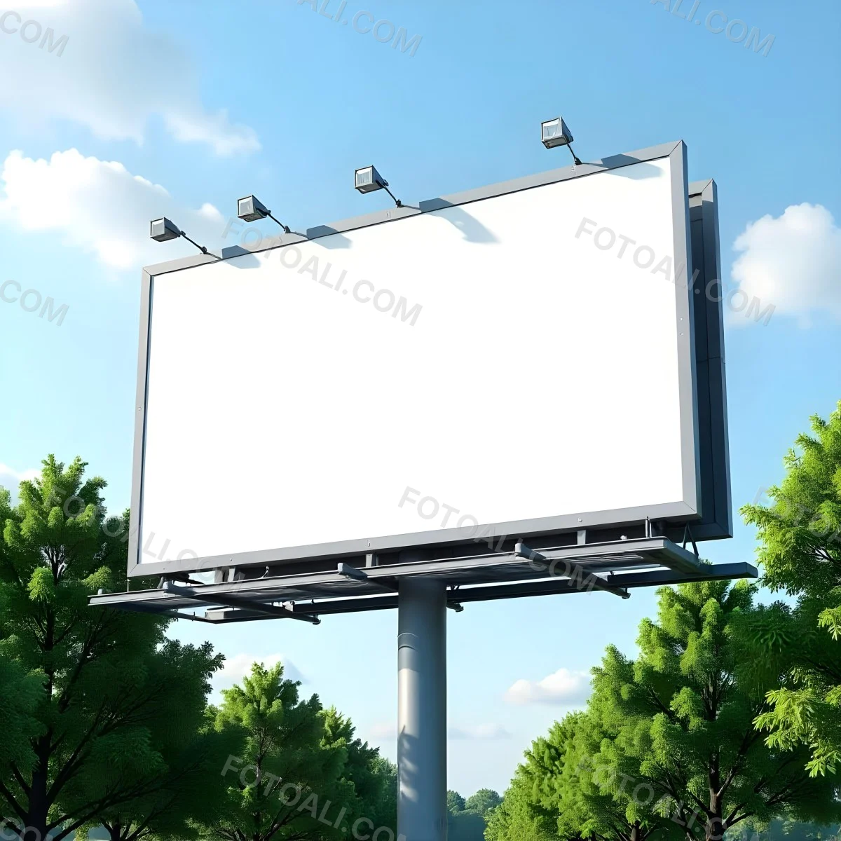 A Blank Billboard On A Metal Structure With Lights On Top Surrounded By Green Trees Under A Blue Sky With Some Clouds 11 Dc9c