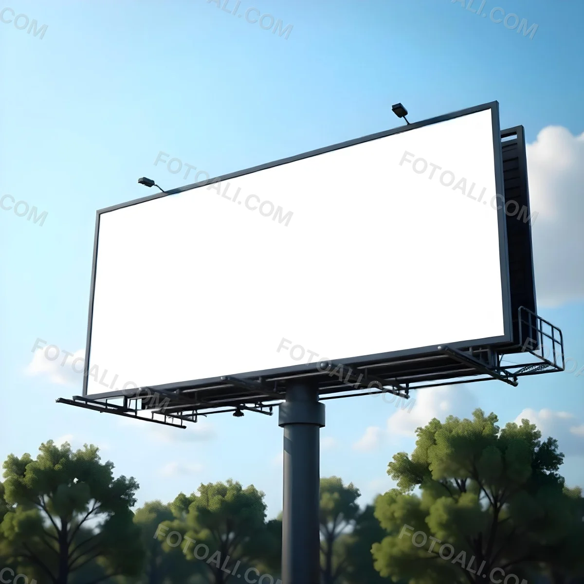 A Blank Billboard On A Metal Structure With Lights On Top Surrounded By Green Trees Under A Blue Sky With Some Clouds 12 B2c2