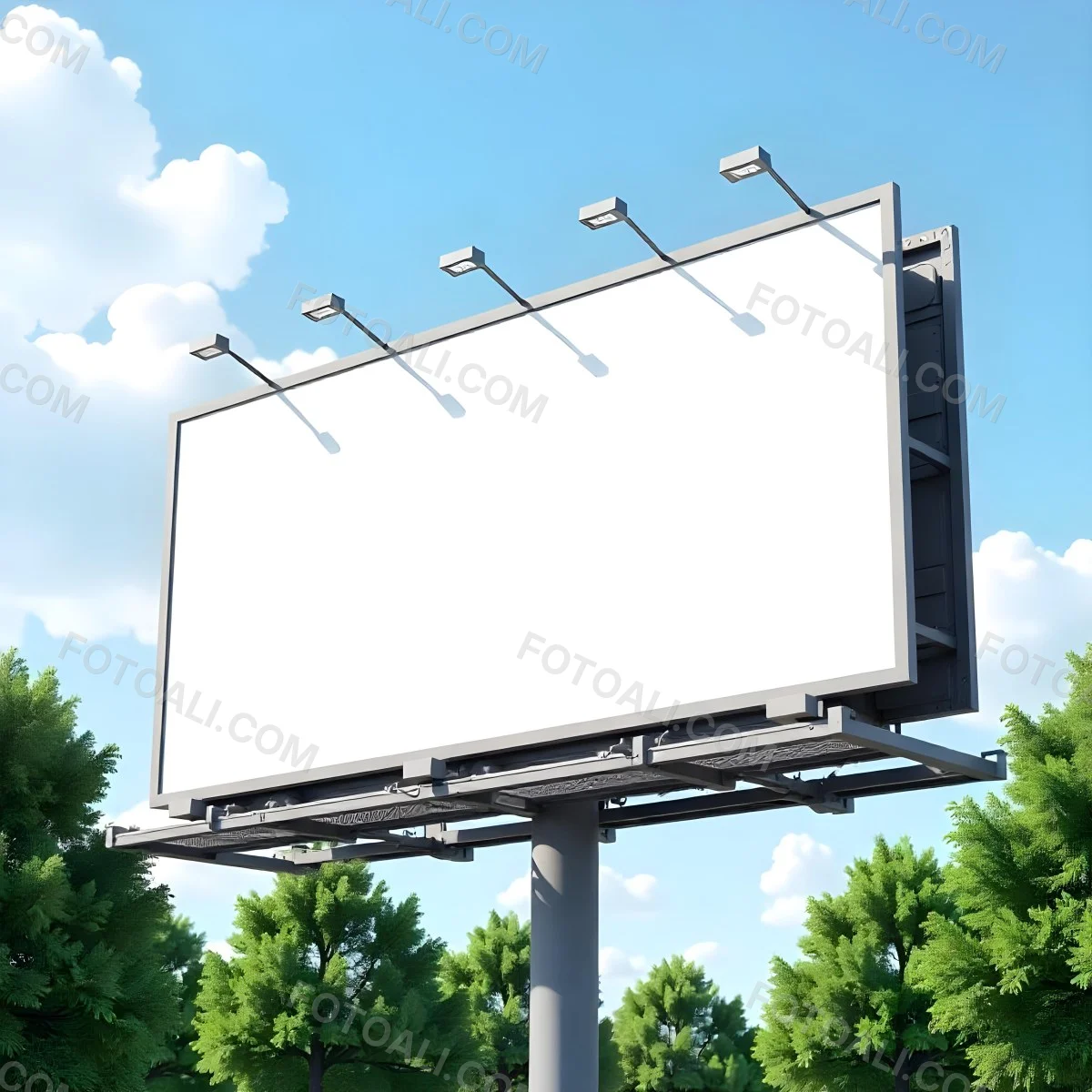 A Blank Billboard On A Metal Structure With Lights On Top Surrounded By Green Trees Under A Blue Sky With Some Clouds 14 0cd0