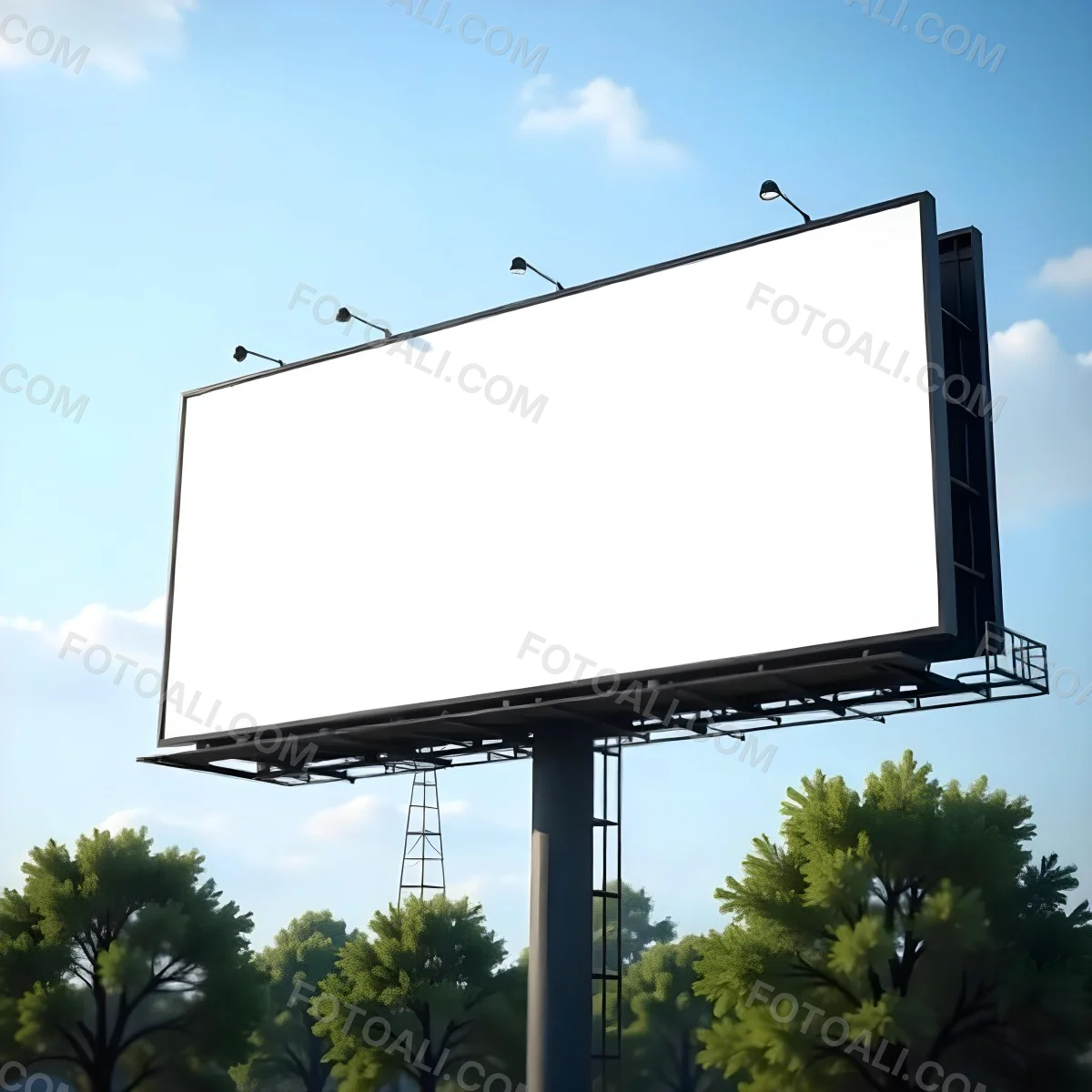A Blank Billboard On A Metal Structure With Lights On Top Surrounded By Green Trees Under A Blue Sky With Some Clouds 17 2a7e