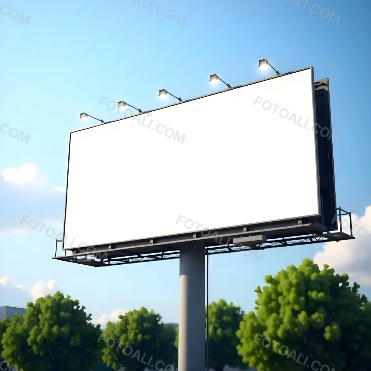 A Blank Billboard On A Metal Structure With Lights On Top Surrounded By Green Trees Under A Blue Sky With Some Clouds 20 4fa7
