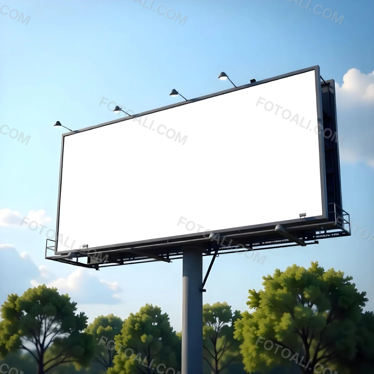 A Blank Billboard On A Metal Structure With Lights On Top Surrounded By Green Trees Under A Blue Sky With Some Clouds 23 78d2