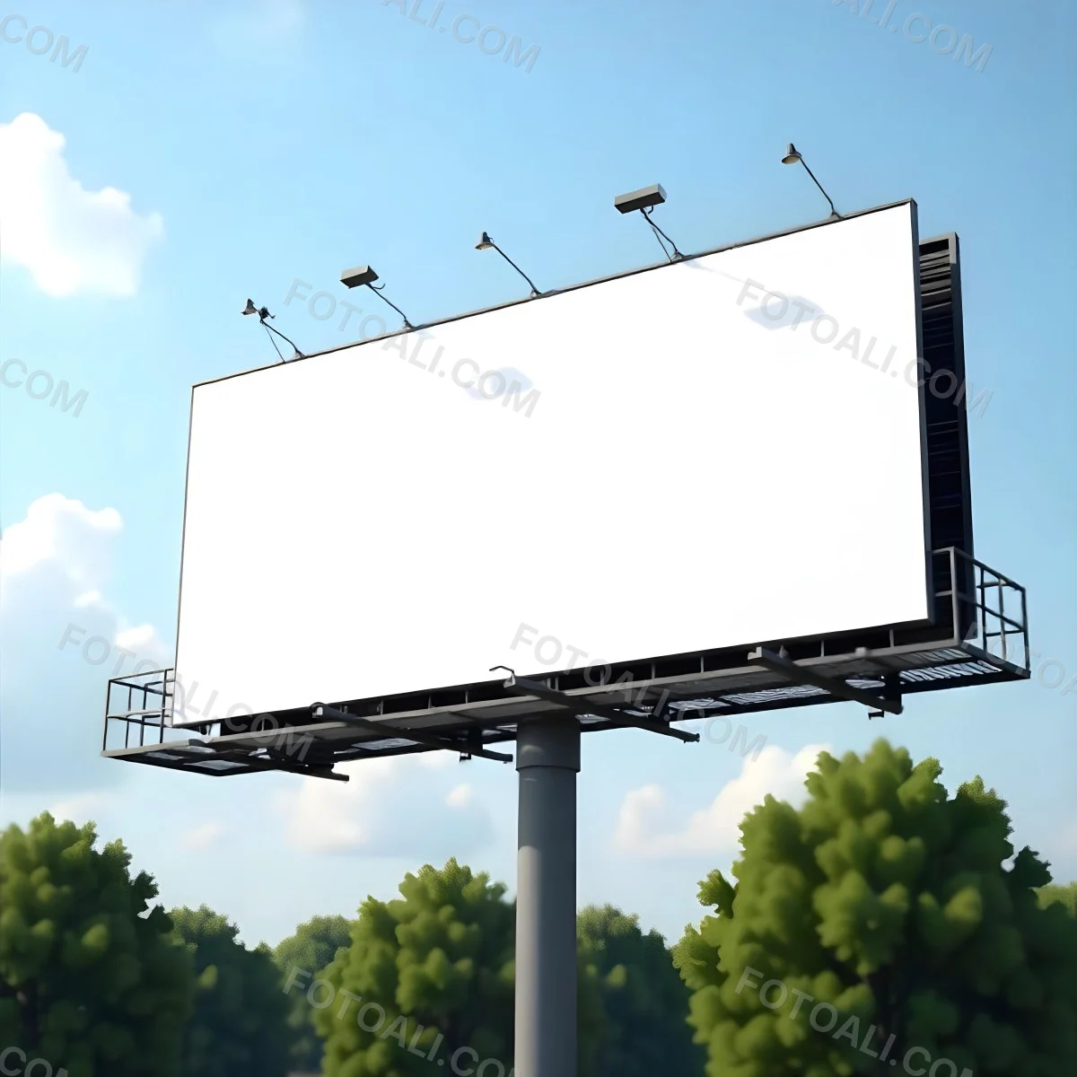 A Blank Billboard On A Metal Structure With Lights On Top Surrounded By Green Trees Under A Blue Sky With Some Clouds 27 Ed22