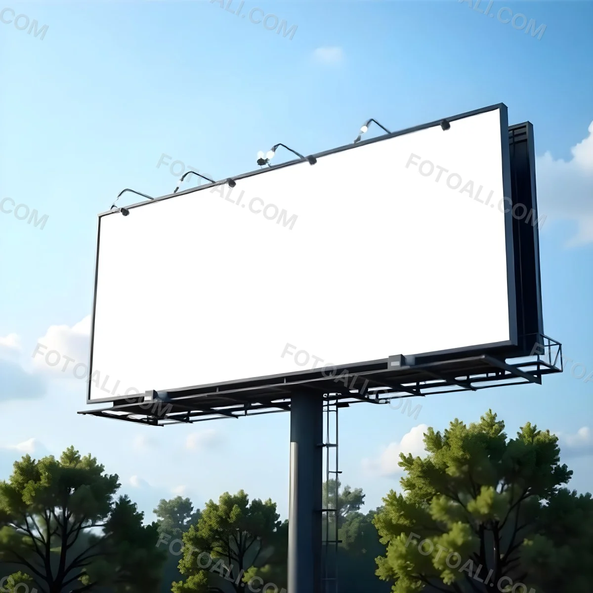A Blank Billboard On A Metal Structure With Lights On Top Surrounded By Green Trees Under A Blue Sky With Some Clouds 4 9e4a