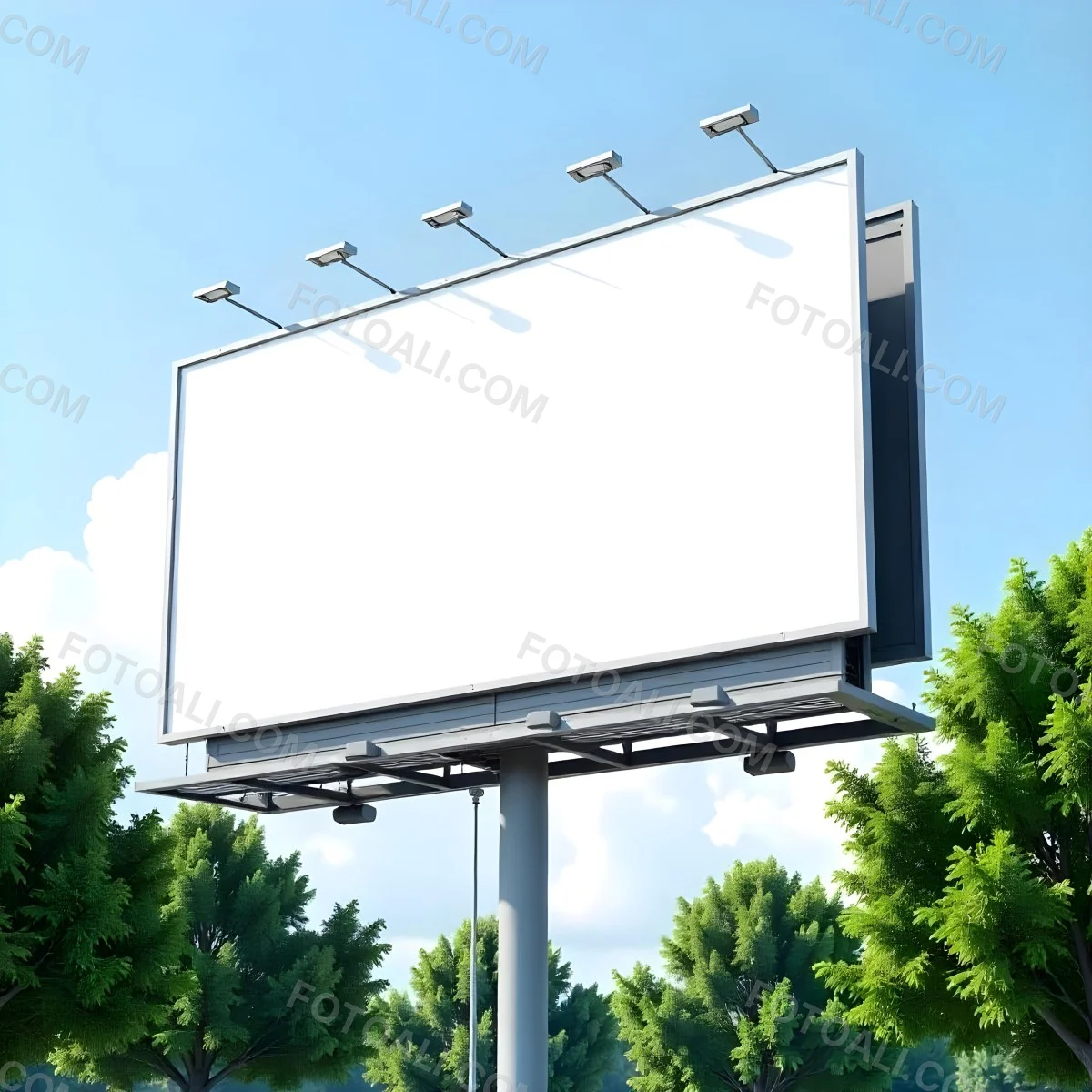 A Blank Billboard On A Metal Structure With Lights On Top Surrounded By Green Trees Under A Blue Sky With Some Clouds 5 3d53