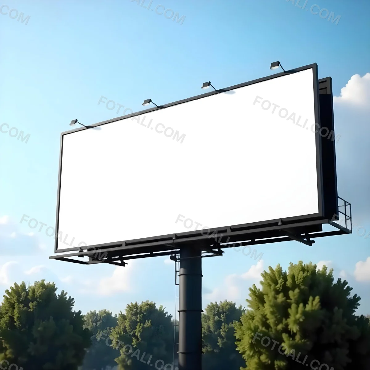 A Blank Billboard On A Metal Structure With Lights On Top Surrounded By Green Trees Under A Blue Sky With Some Clouds 6 0378