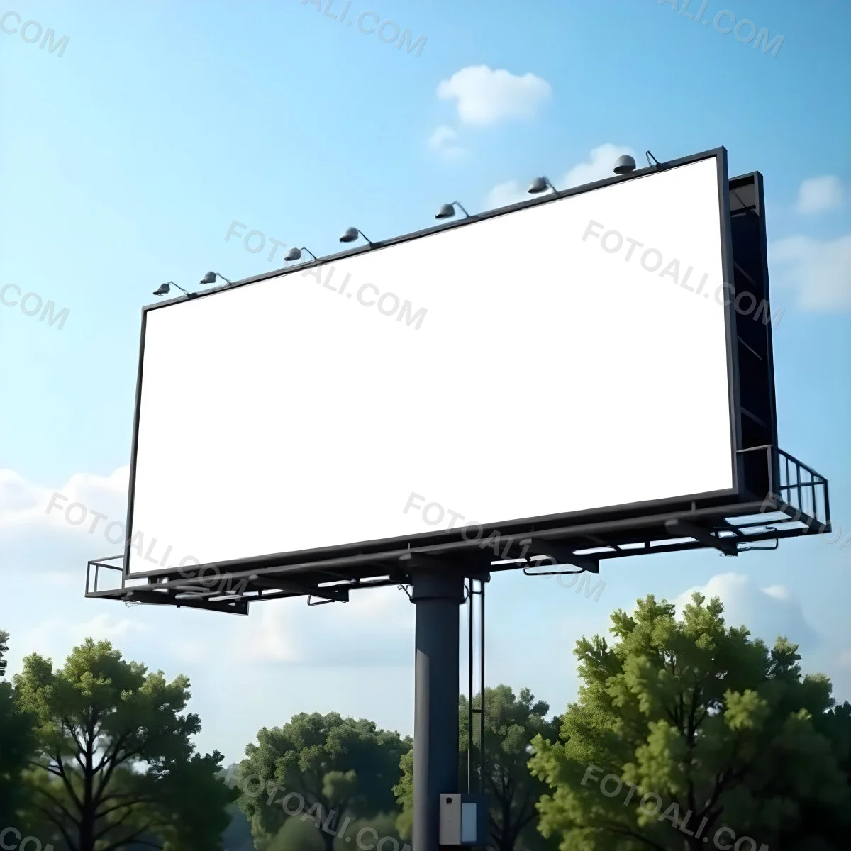 A Blank Billboard On A Metal Structure With Lights On Top Surrounded By Green Trees Under A Blue Sky With Some Clouds 8 3b43