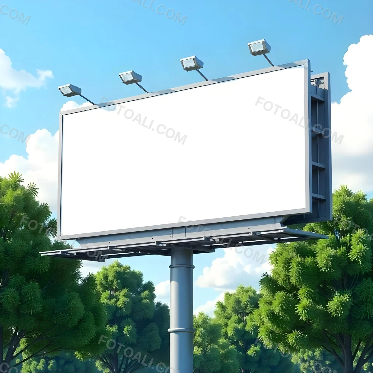 A Blank Billboard On A Metal Structure With Lights On Top Surrounded By Green Trees Under A Blue Sky With Some Clouds 9 F78a