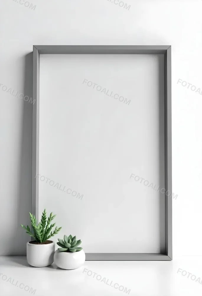 A Blank Black Canvas With A White Frame Two Small Succulent Plants And A White Wall Background 10 610a
