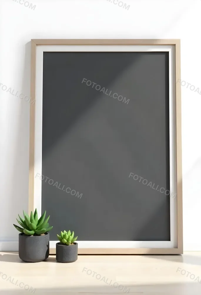 A Blank Black Canvas With A White Frame Two Small Succulent Plants And A White Wall Background 29 67ee