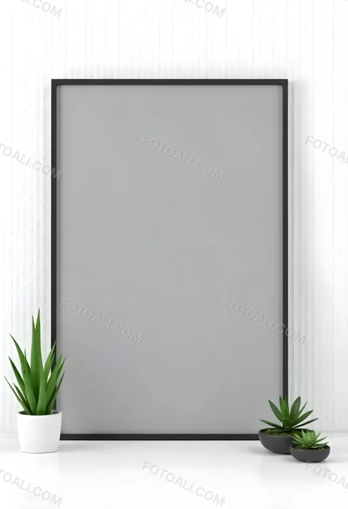 A Blank Black Canvas With A White Frame Two Small Succulent Plants And A White Wall Background 54 5033