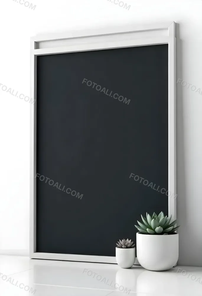 A Blank Black Canvas With A White Frame Two Small Succulent Plants And A White Wall Background 6 2d2b