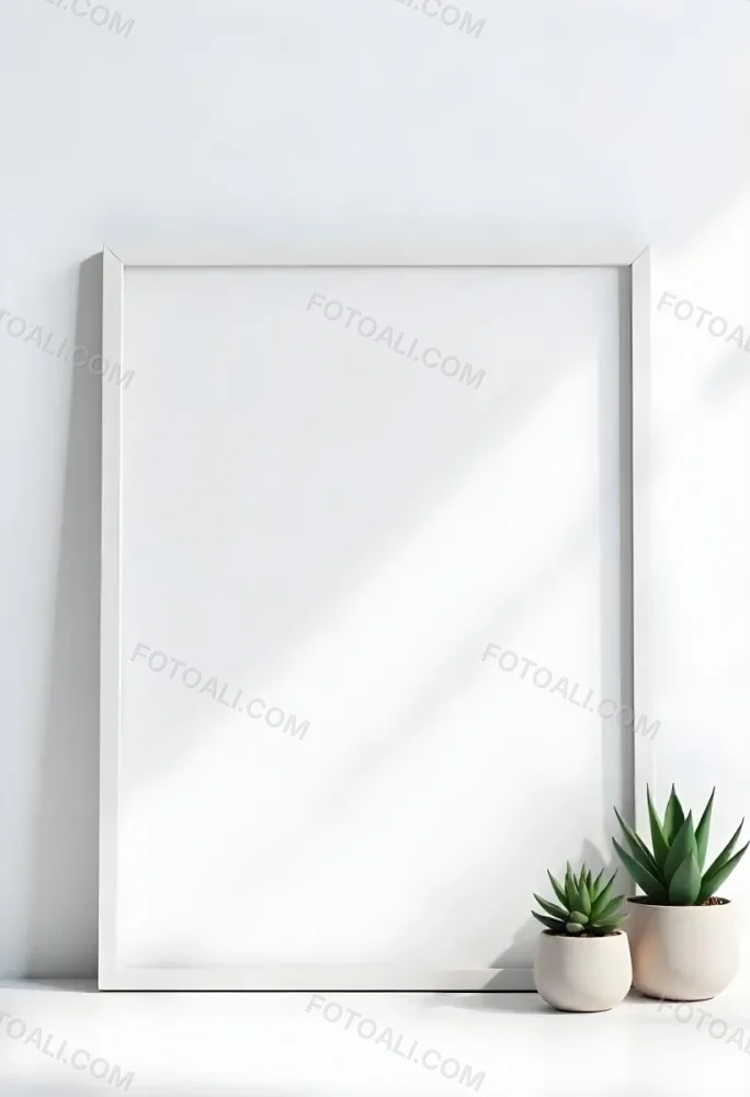 A Blank Black Canvas With A White Frame Two Small Succulent Plants And A White Wall Background 8 437a