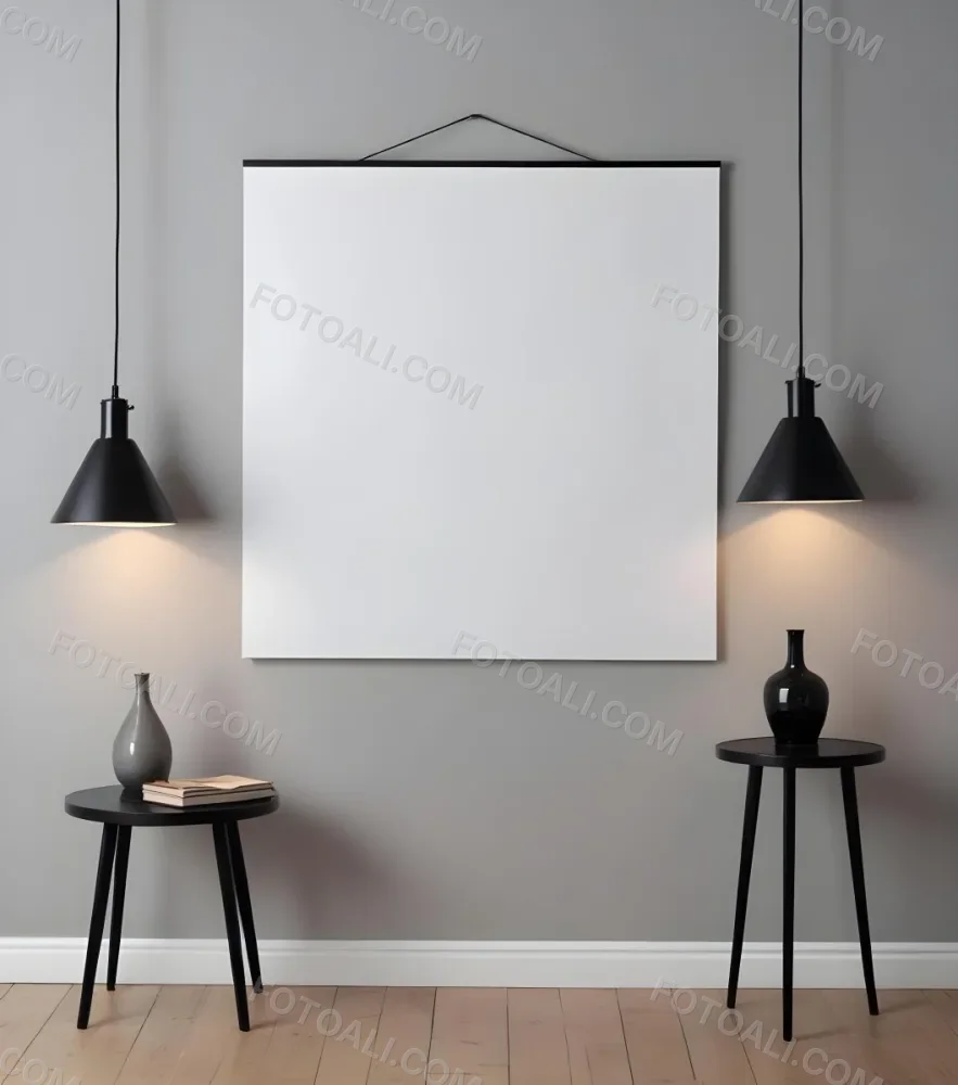 A Blank White Canvas Hanging On A Gray Wall With Two Black Pendant Lights Above It Surrounded By A Colorful Mural And Illuminated 5