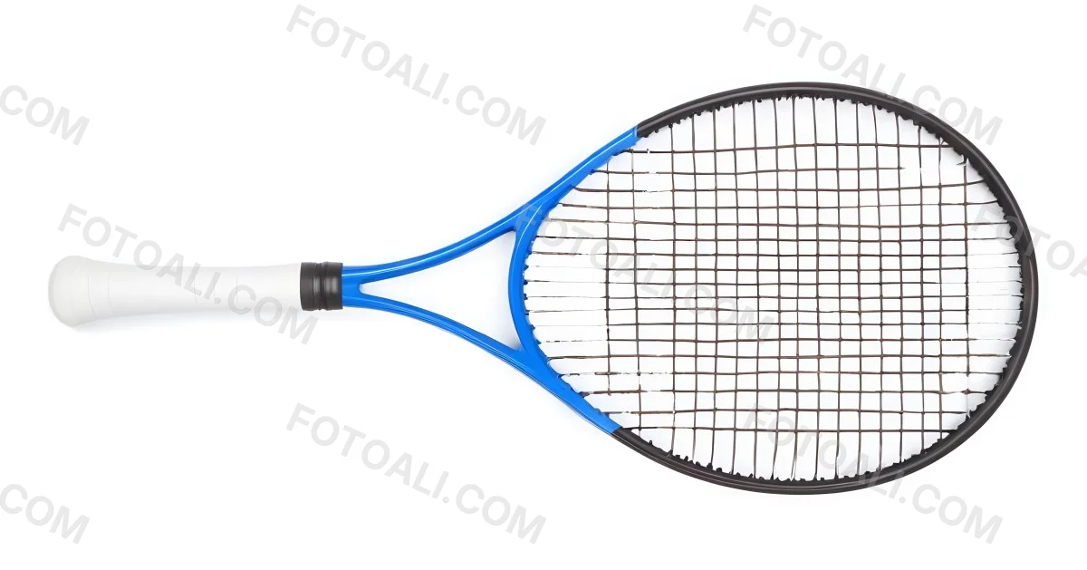 A Blue And Black Tennis Racket With Blue Handle Centered On A Blue Background Studio Shot High Resolution Detailed Strings Clean Aesthetic Sports Equipment 11 537a