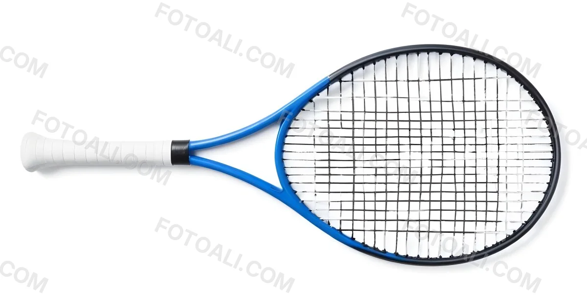 A Blue And Black Tennis Racket With Blue Handle Centered On A Blue Background Studio Shot High Resolution Detailed Strings Clean Aesthetic Sports Equipment 15 8086