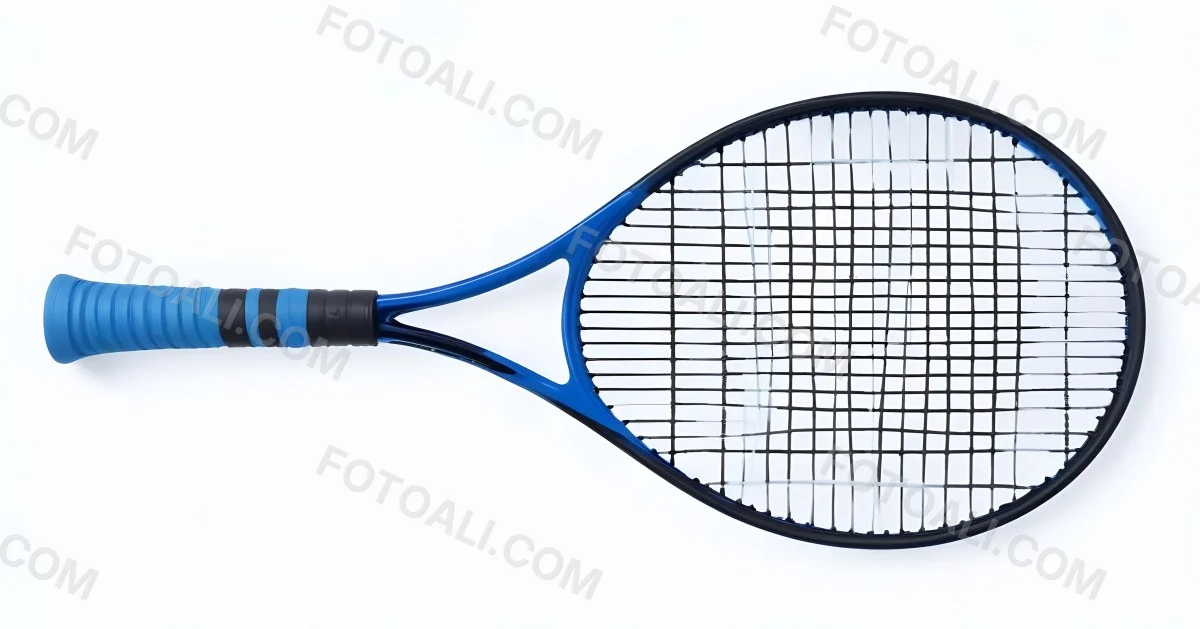 A Blue And Black Tennis Racket With Blue Handle Centered On A Blue Background Studio Shot High Resolution Detailed Strings Clean Aesthetic Sports Equipment 25 04b7