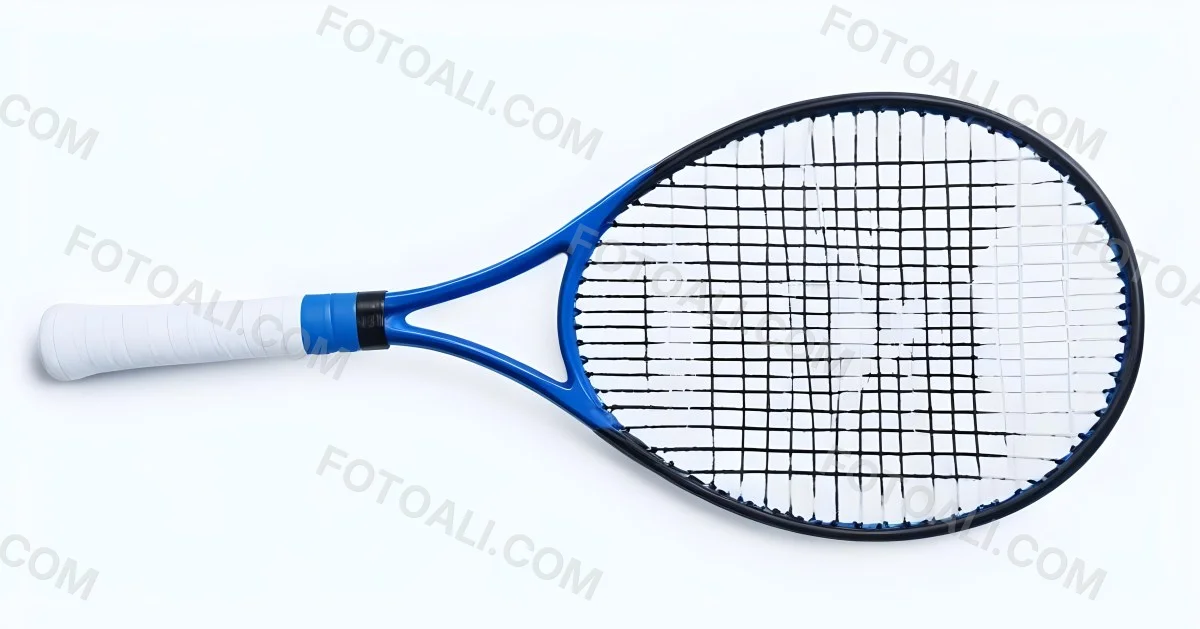 A Blue And Black Tennis Racket With Blue Handle Centered On A Blue Background Studio Shot High Resolution Detailed Strings Clean Aesthetic Sports Equipment 4 B12a