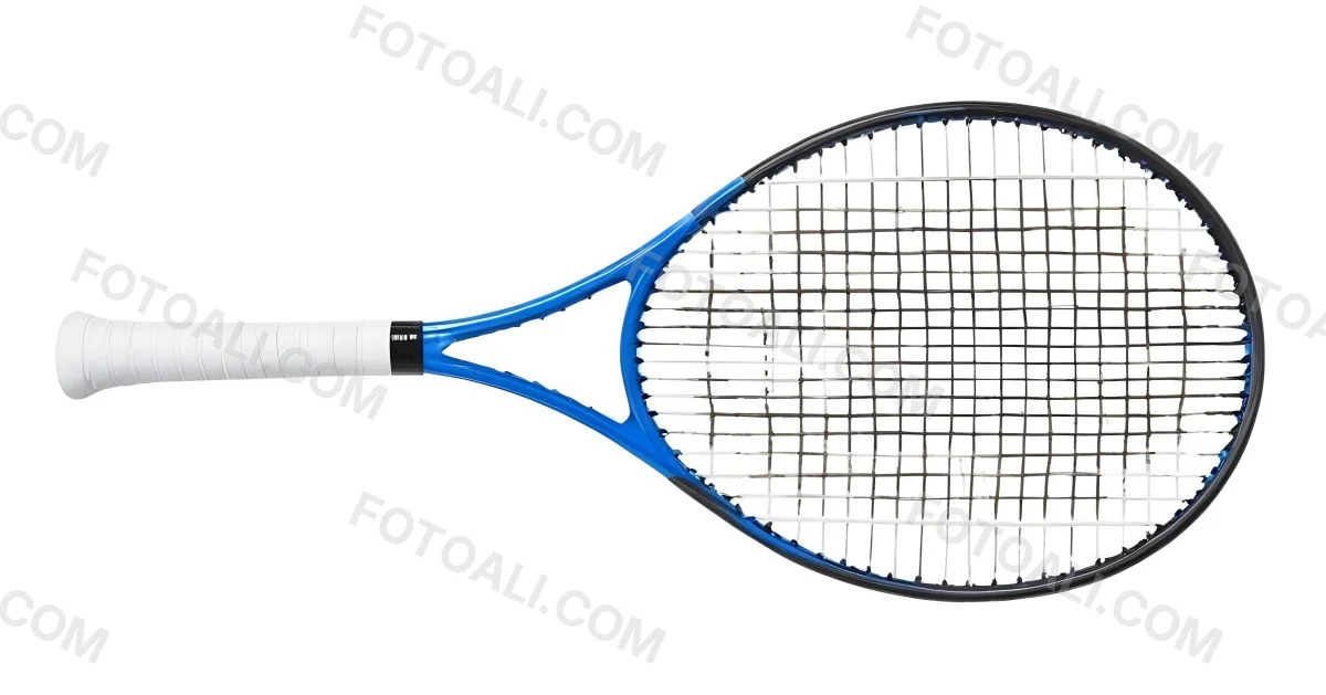A Blue And Black Tennis Racket With Blue Handle Centered On A Blue Background Studio Shot High Resolution Detailed Strings Clean Aesthetic Sports Equipment 5 9909