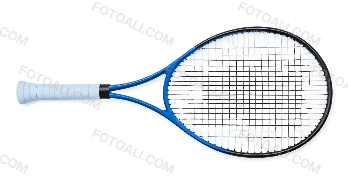 A Blue And Black Tennis Racket With Blue Handle Centered On A Blue Background Studio Shot High Resolution Detailed Strings Clean Aesthetic Sports Equipment 6 B012