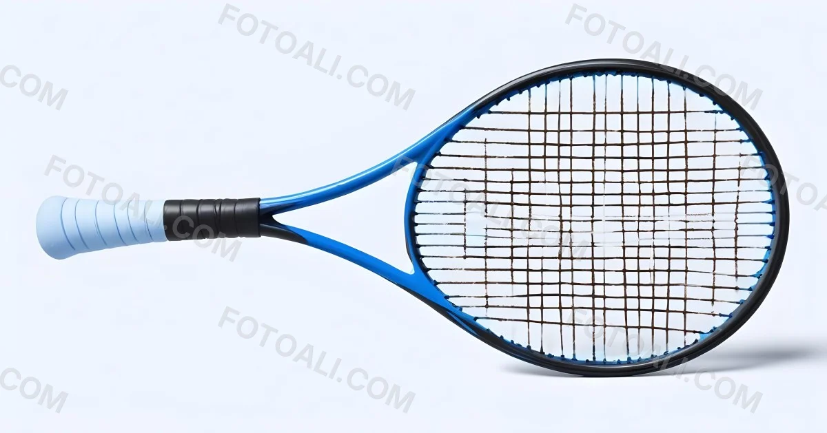 A Blue And Black Tennis Racket With Blue Handle Centered On A Blue Background Studio Shot High Resolution Detailed Strings Clean Aesthetic Sports Equipment 9 61b1