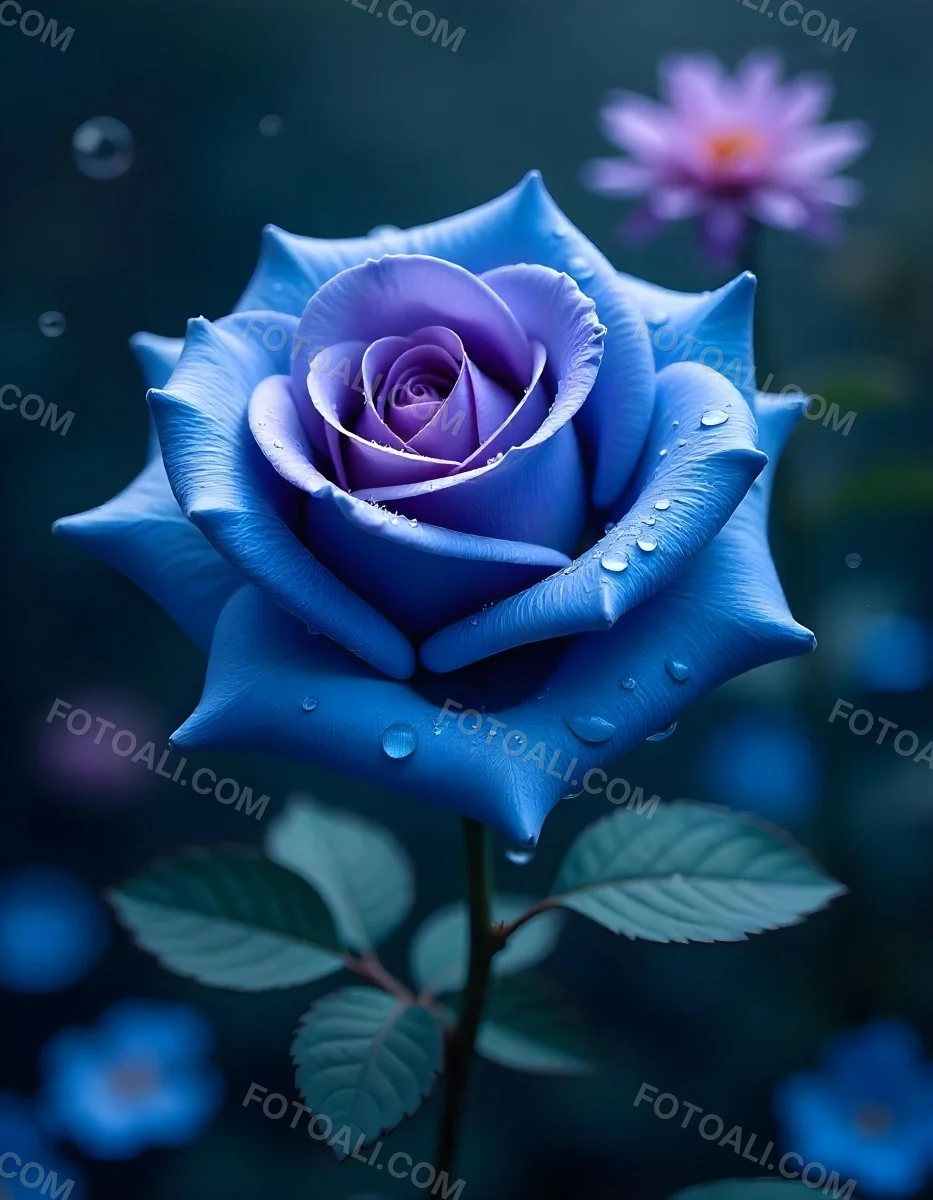A Blue And Purple Rose With Water Droplets On The Petals Surrounded By Scattered Petals And A Blurred Background With A Flower In The Distance 1 33f7