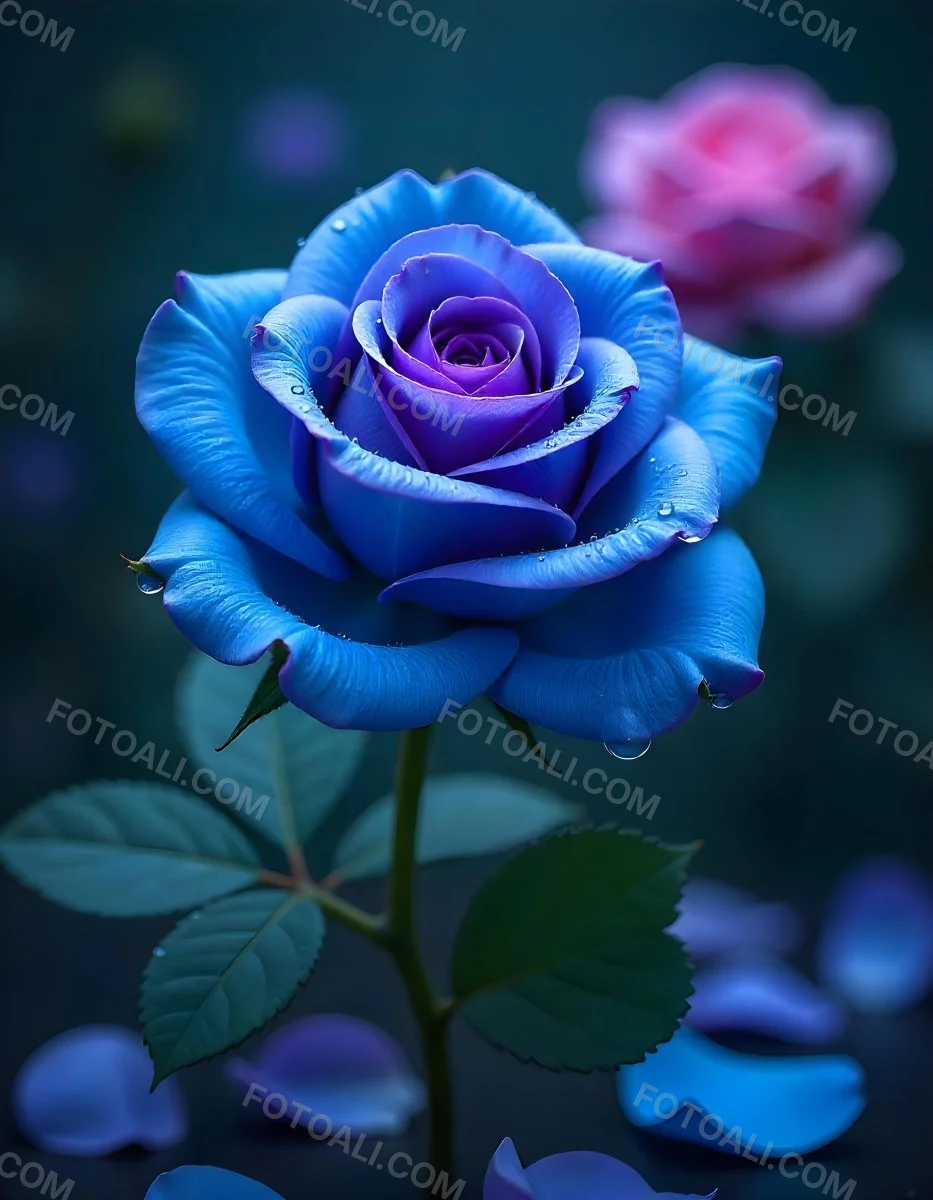 A Blue And Purple Rose With Water Droplets On The Petals Surrounded By Scattered Petals And A Blurred Background With A Flower In The Distance 13 Bab6