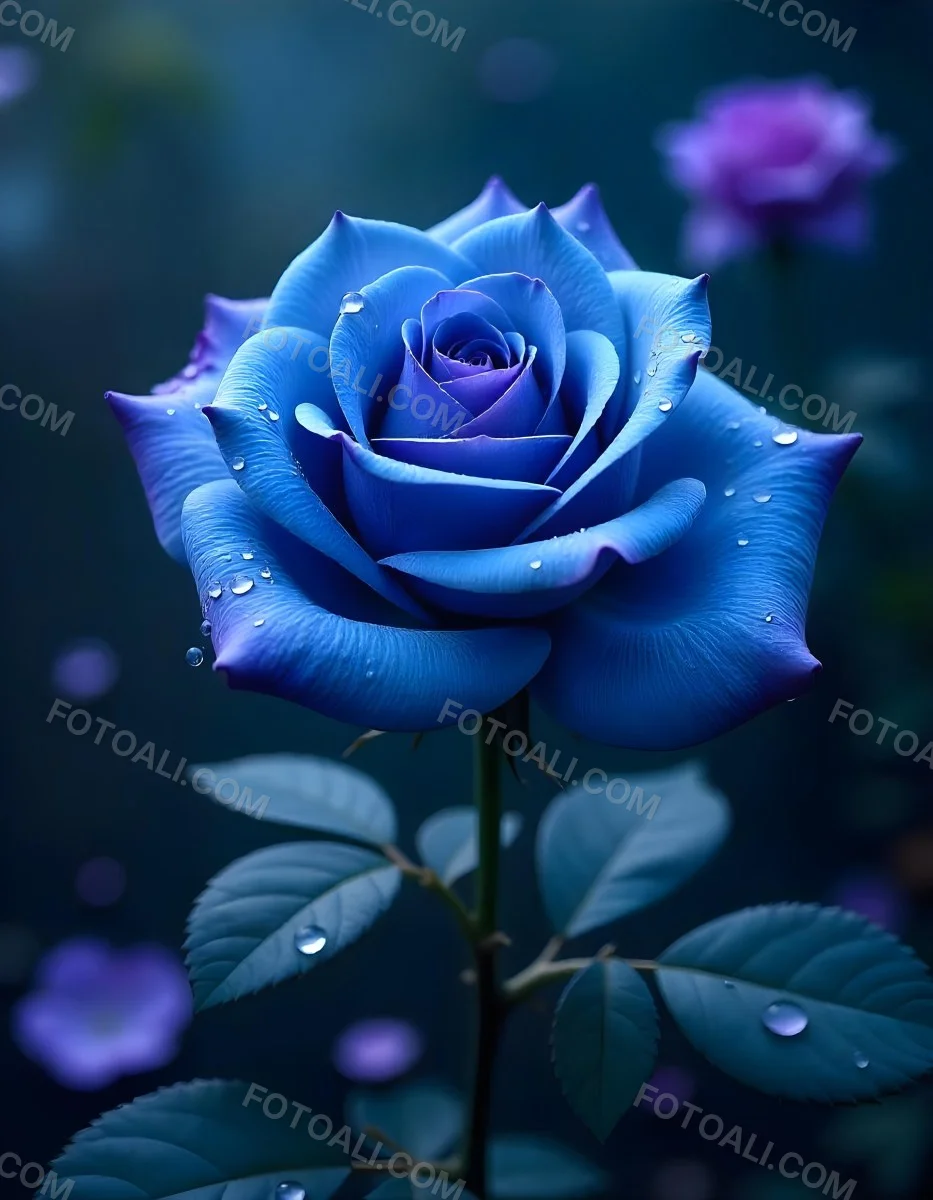 A Blue And Purple Rose With Water Droplets On The Petals Surrounded By Scattered Petals And A Blurred Background With A Flower In The Distance 19 0303