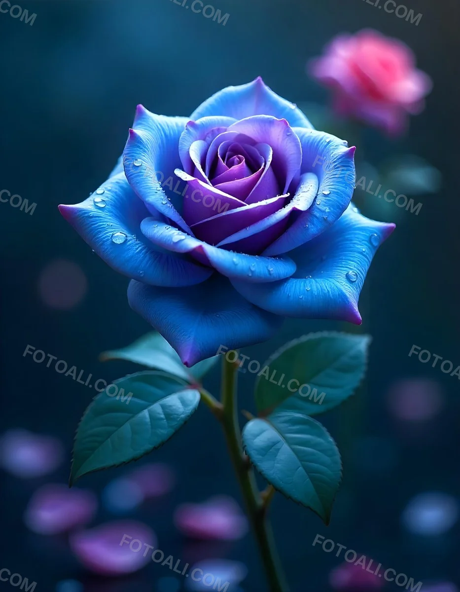 A Blue And Purple Rose With Water Droplets On The Petals Surrounded By Scattered Petals And A Blurred Background With A Flower In The Distance 22 7d7c