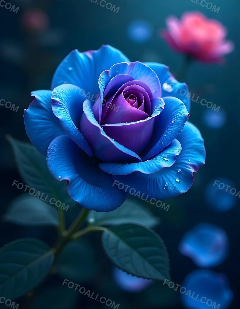 A Blue And Purple Rose With Water Droplets On The Petals Surrounded By Scattered Petals And A Blurred Background With A Flower In The Distance 31 B217