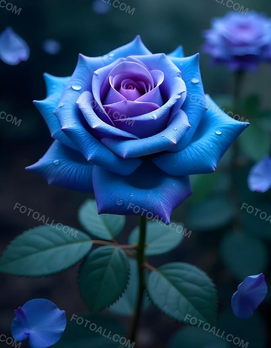 A Blue And Purple Rose With Water Droplets On The Petals Surrounded By Scattered Petals And A Blurred Background With A Flower In The Distance 37 Ed5b