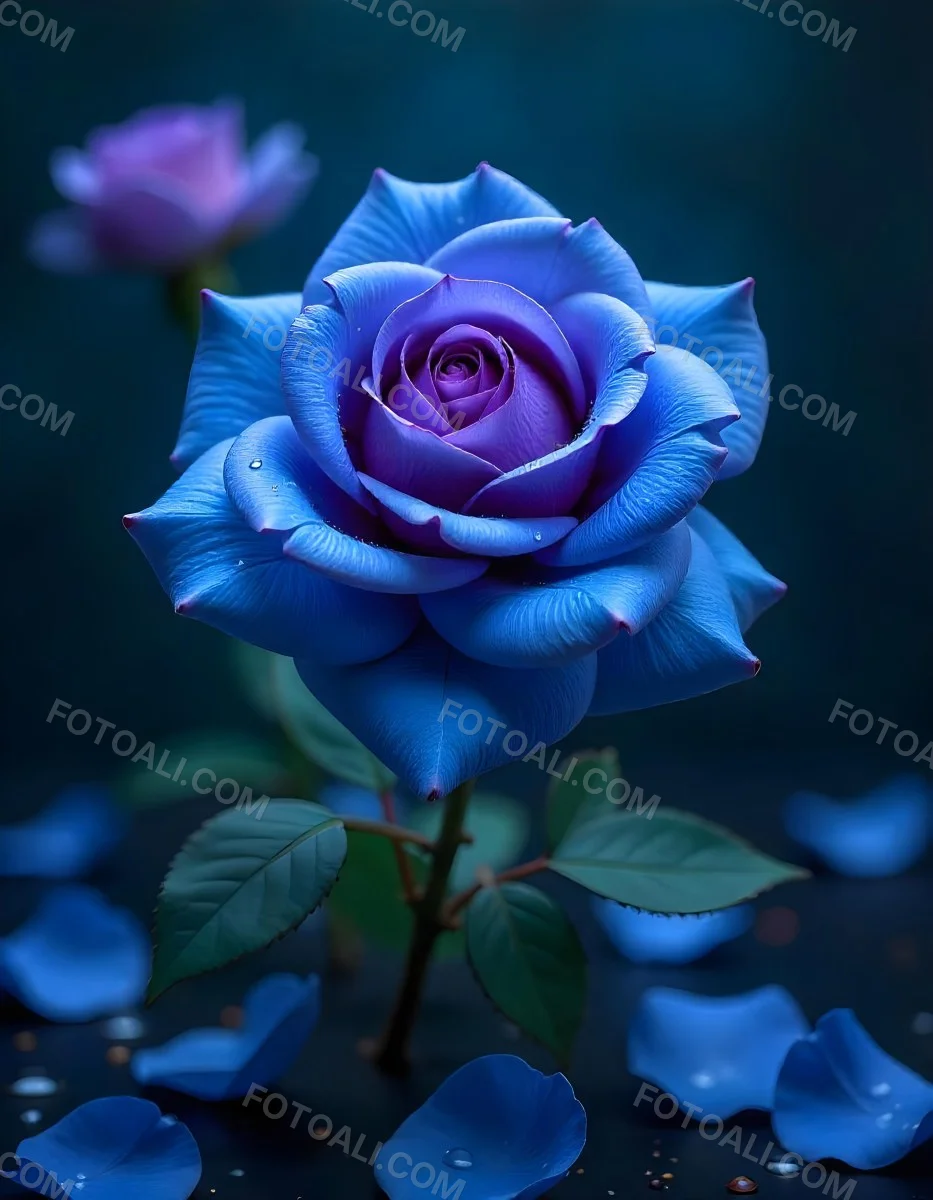 A Blue And Purple Rose With Water Droplets On The Petals Surrounded By Scattered Petals And A Blurred Background With A Flower In The Distance 41 7911