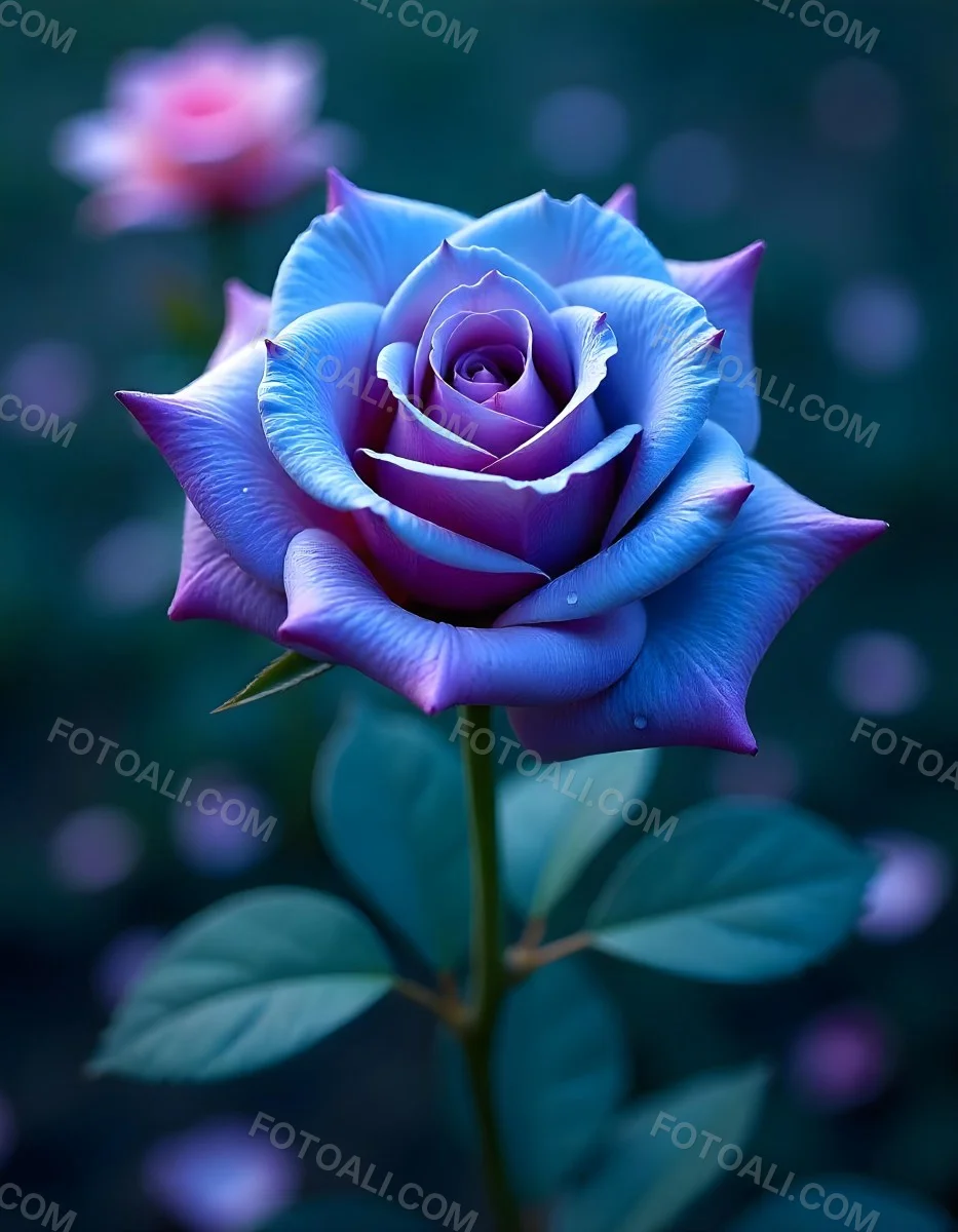 A Blue And Purple Rose With Water Droplets On The Petals Surrounded By Scattered Petals And A Blurred Background With A Flower In The Distance 7 B9ff