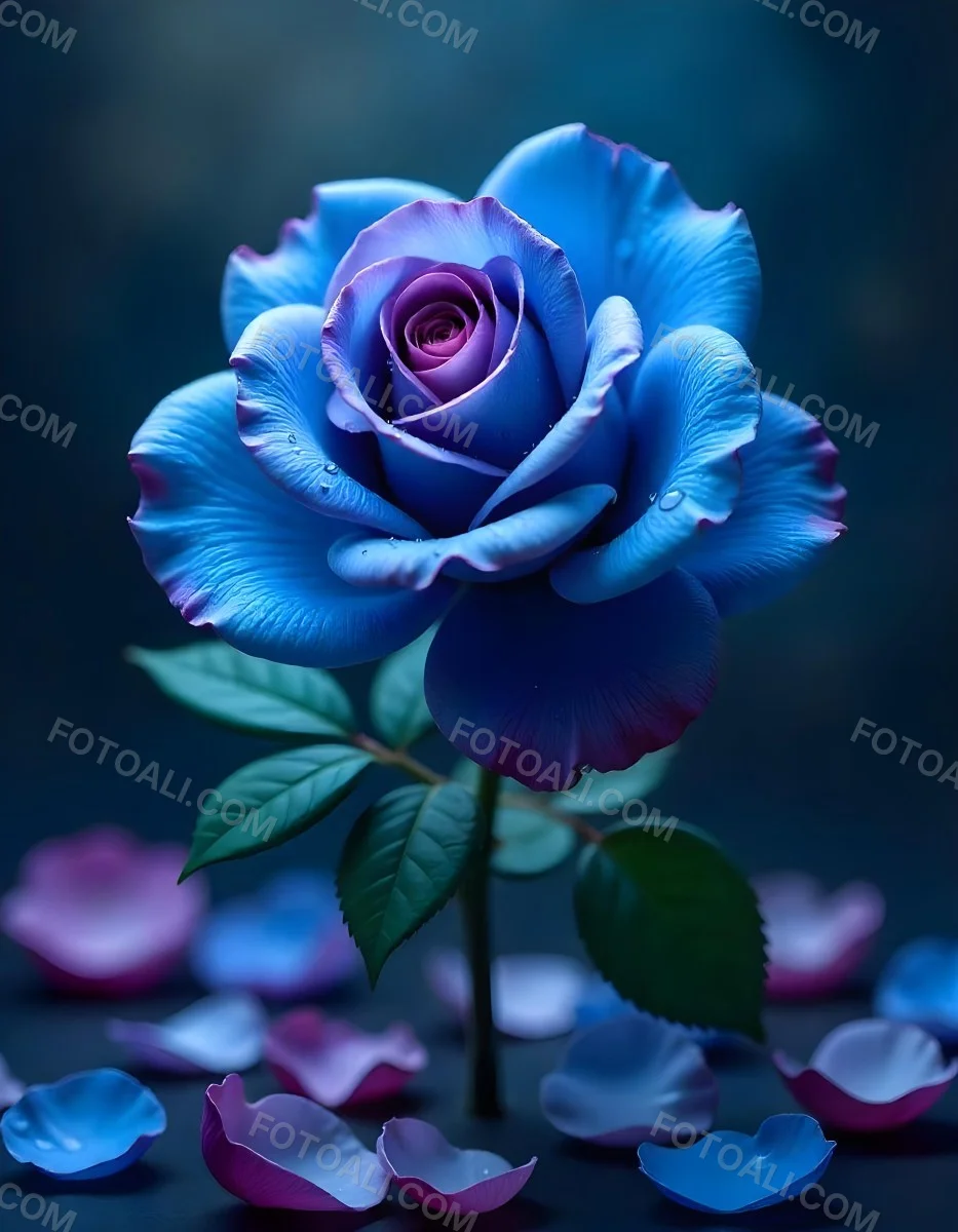 A Blue And Purple Rose With Water Droplets On The Petals Surrounded By Scattered Petals And A Blurred Background With A Flower In The Distance 8 C522