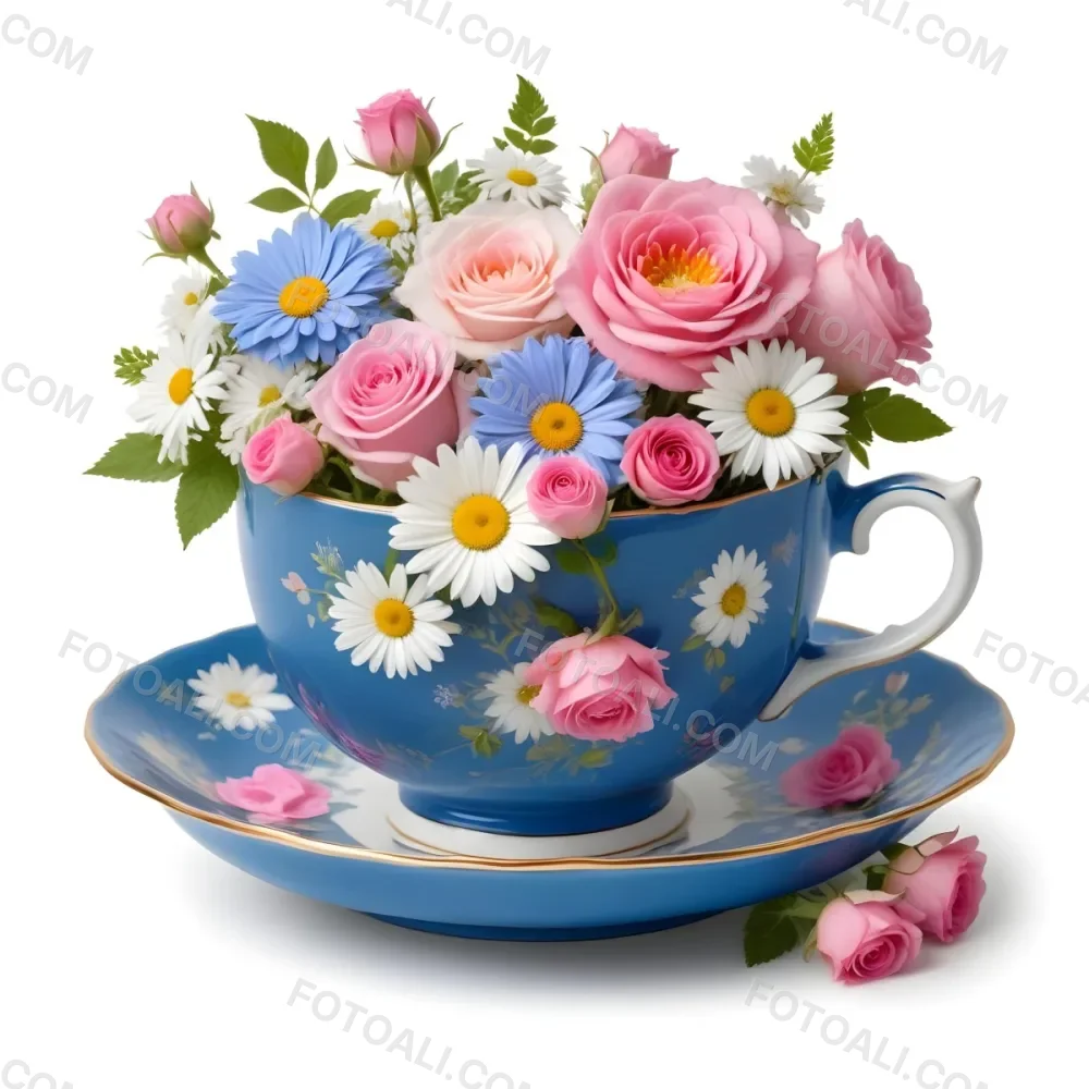 A Blue And White Teacup Filled With Pink Roses White Daisies And Other Colorful Flowers Against A White Background 10 25df