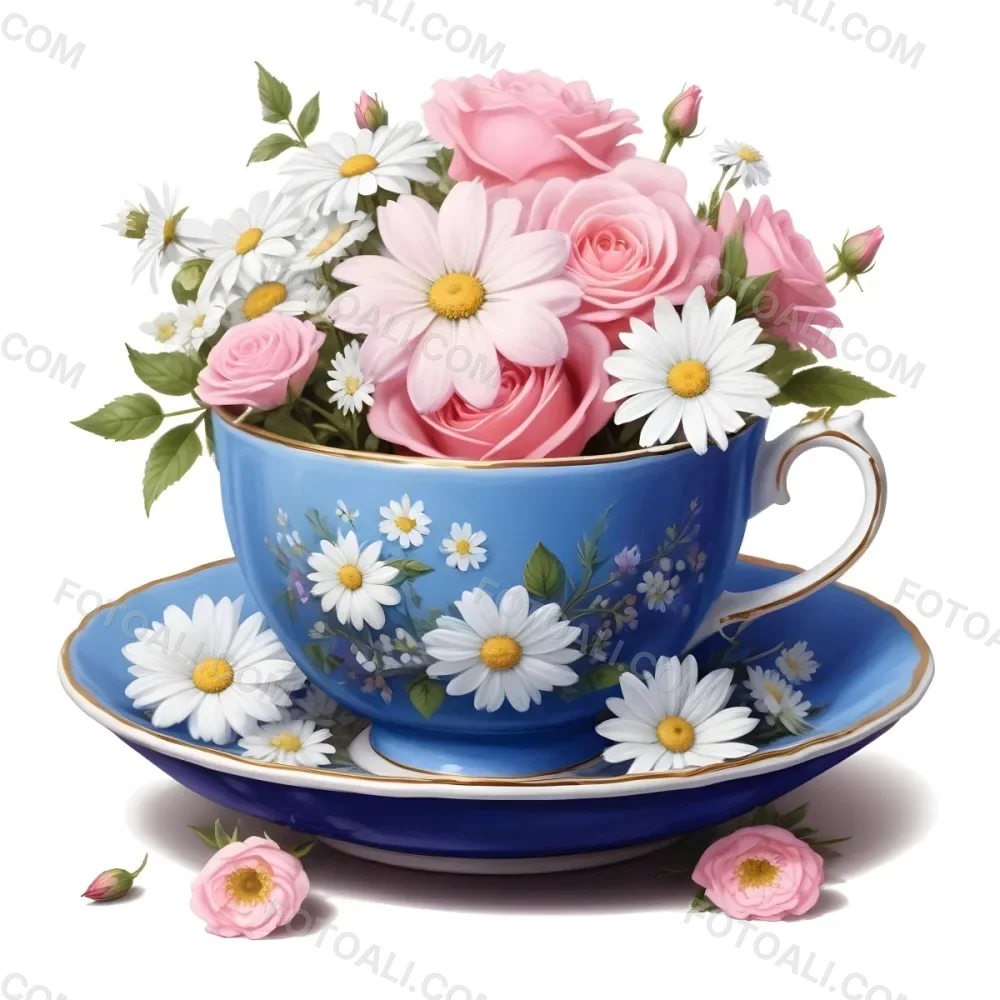 A Blue And White Teacup Filled With Pink Roses White Daisies And Other Colorful Flowers Against A White Background 14 316d