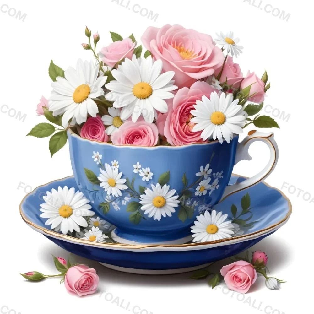 A Blue And White Teacup Filled With Pink Roses White Daisies And Other Colorful Flowers Against A White Background 18 11f6