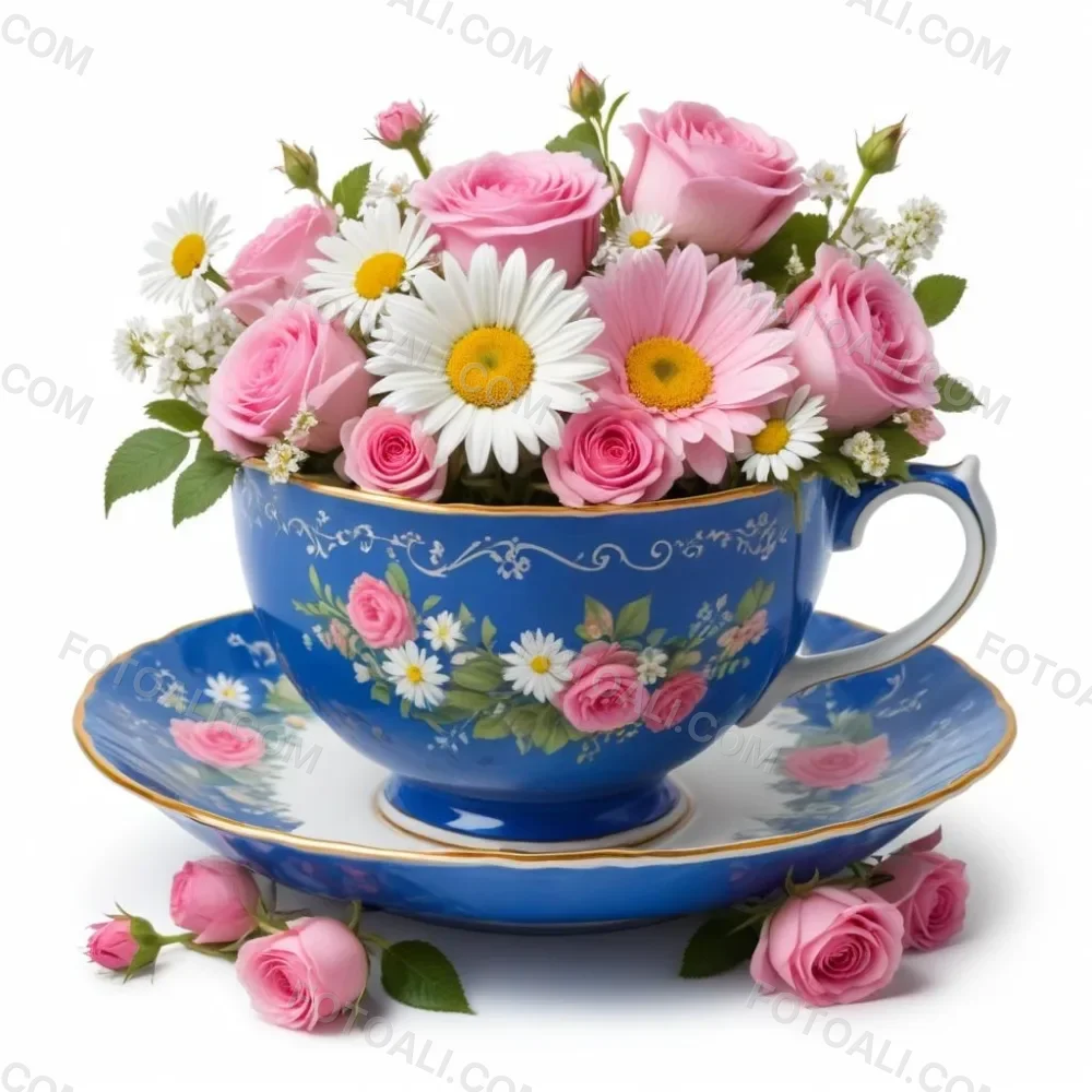 A Blue And White Teacup Filled With Pink Roses White Daisies And Other Colorful Flowers Against A White Background 22 77c0