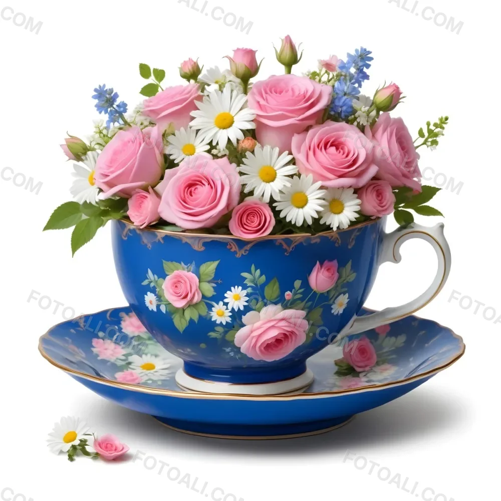 A Blue And White Teacup Filled With Pink Roses White Daisies And Other Colorful Flowers Against A White Background 28 Ef02