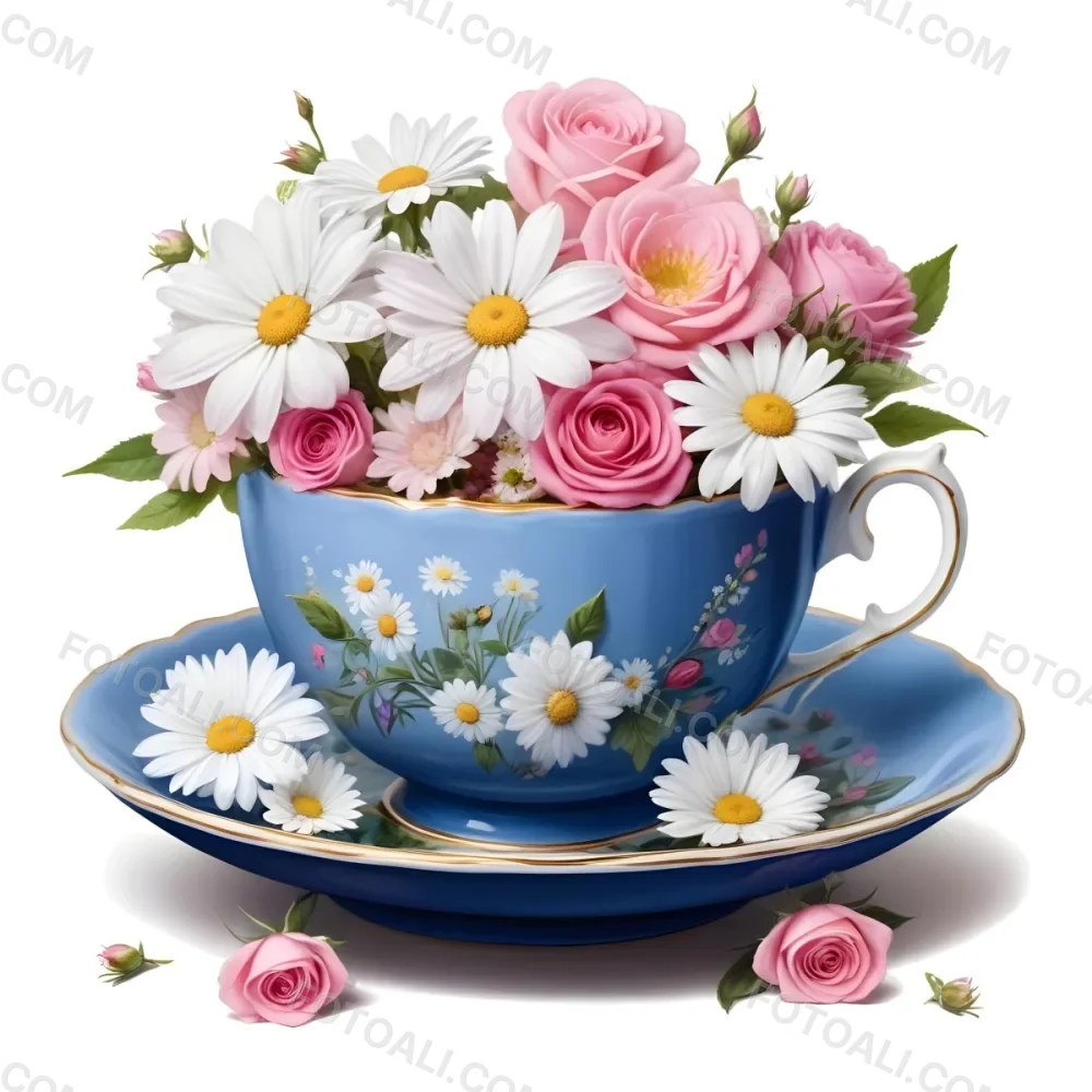 A Blue And White Teacup Filled With Pink Roses White Daisies And Other Colorful Flowers Against A White Background 35 45f3